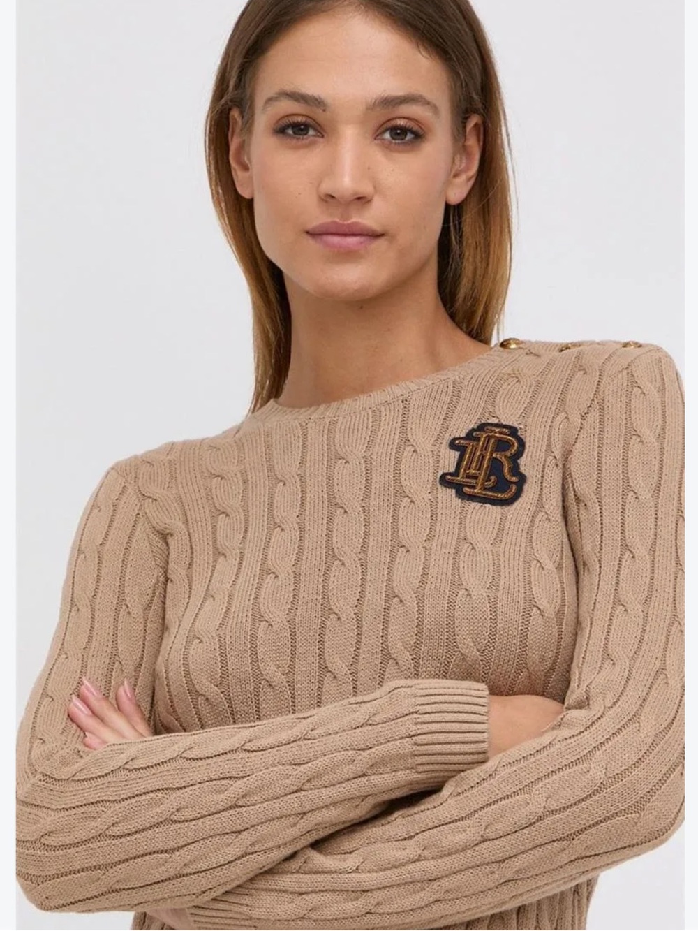 Ralph Lauren Camel Cable-Knit Crewneck Sweater with Monogram Patch